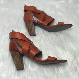 Farylrobin Cognac Leather Strappy‎ Stacked Heel Shoes Sz 7
